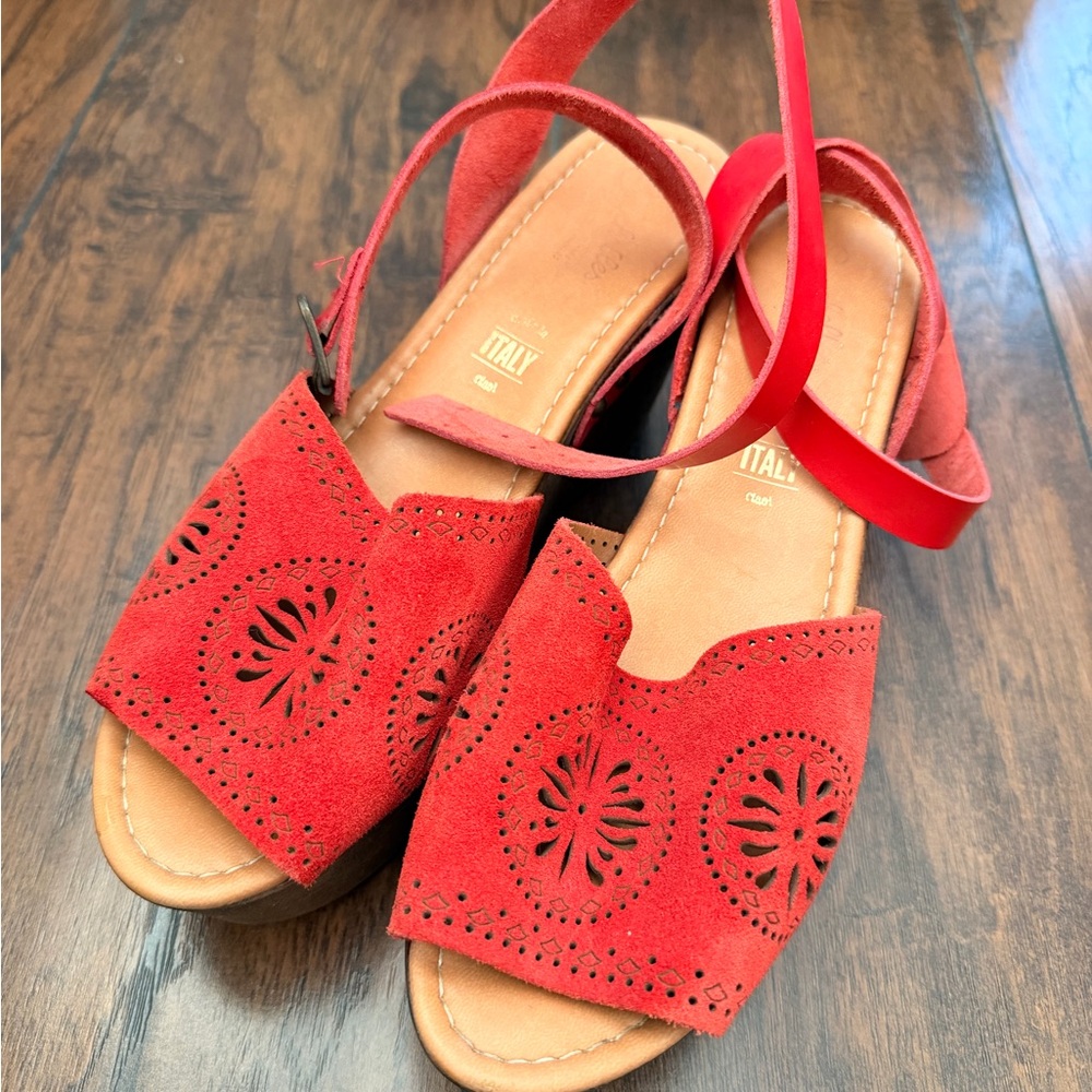 Seychelles Red Suede Laser-Cut Ankle-Strap Sandals